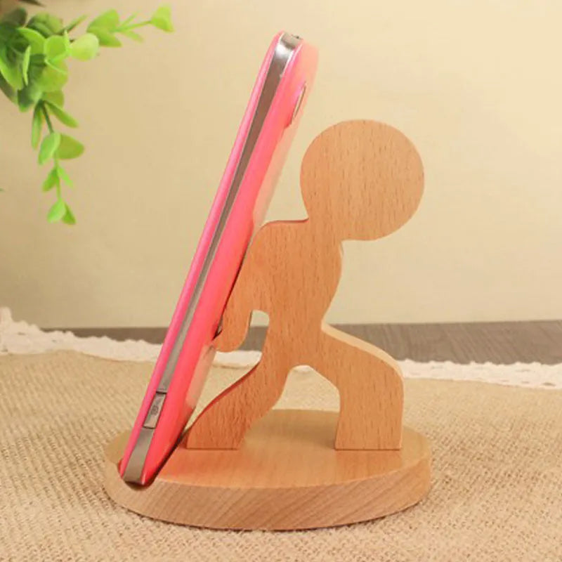 Beech wood mobile phone holder with resin animal decoration and custom lettering on coin back.