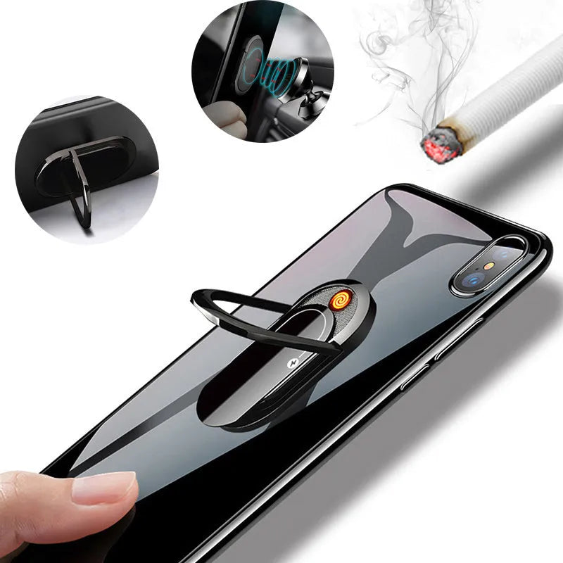 2 in 1 USB plasma lighter and mobile phone holder in aluminium alloy, black ice colour, with ring buckle and USB charging cable