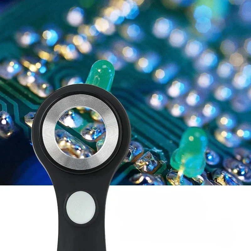 Black or silver 30x optical glass magnifying glass with LED lights for jewellery and collectible appraisal.