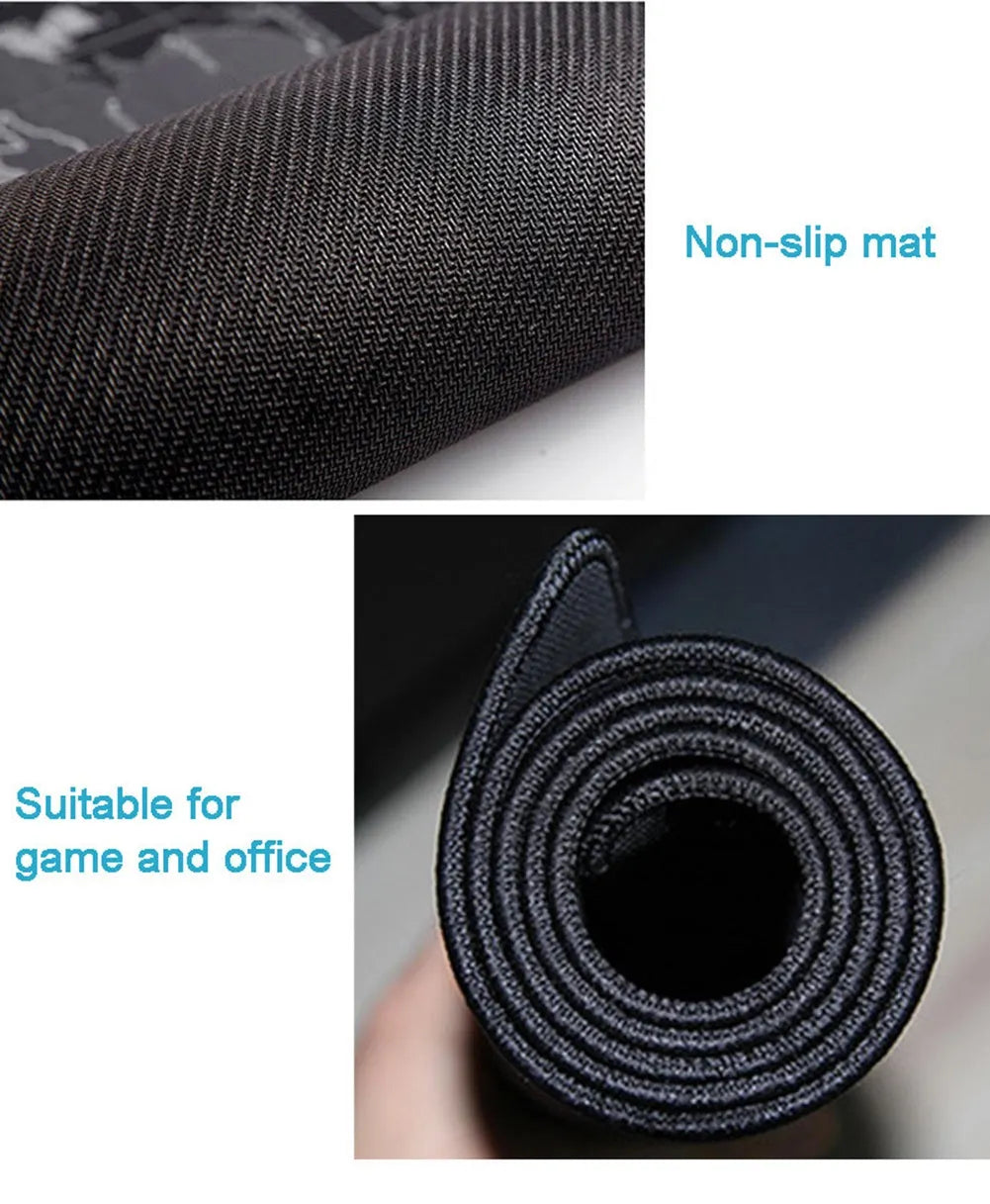 Custom cartoon design desk mouse pad with non-slip rubber base showing expanded surface for keyboard and mouse