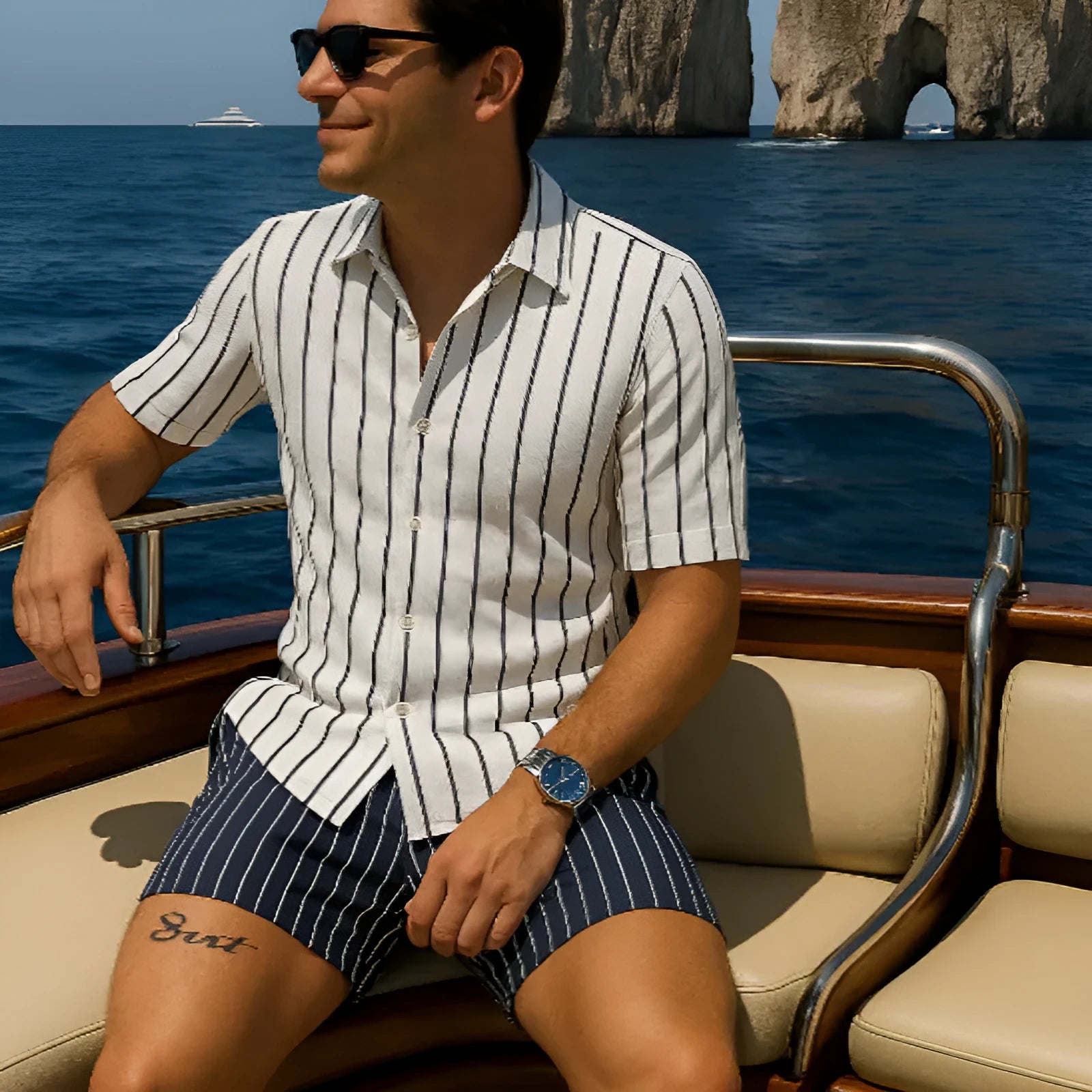 Men's beach shirt and shorts matching set in elastic fabric with casual styling