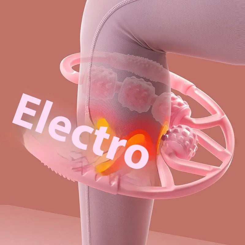 Handheld leg massage roller with ring clip showing 12 wheel configuration in macaron pink colour
