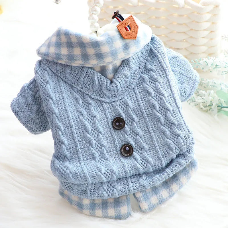 Blue plaid fleece-lined dog sweater jacket on a mannequin, size label visible