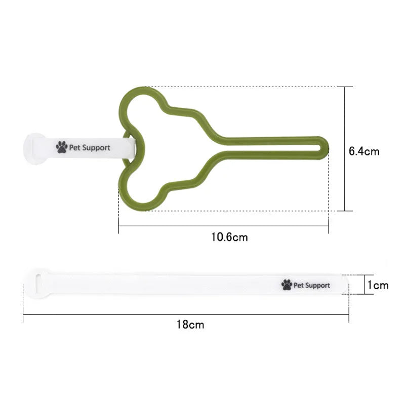 A dog poop bag holder with a Velcro strap, shown attached to a pet leash.