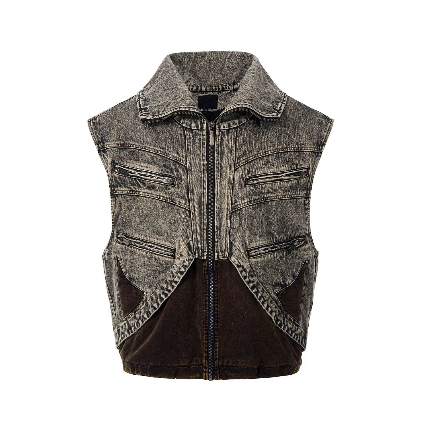 Men's splicing denim vest jacket with front zipper and sleeveless camisole design