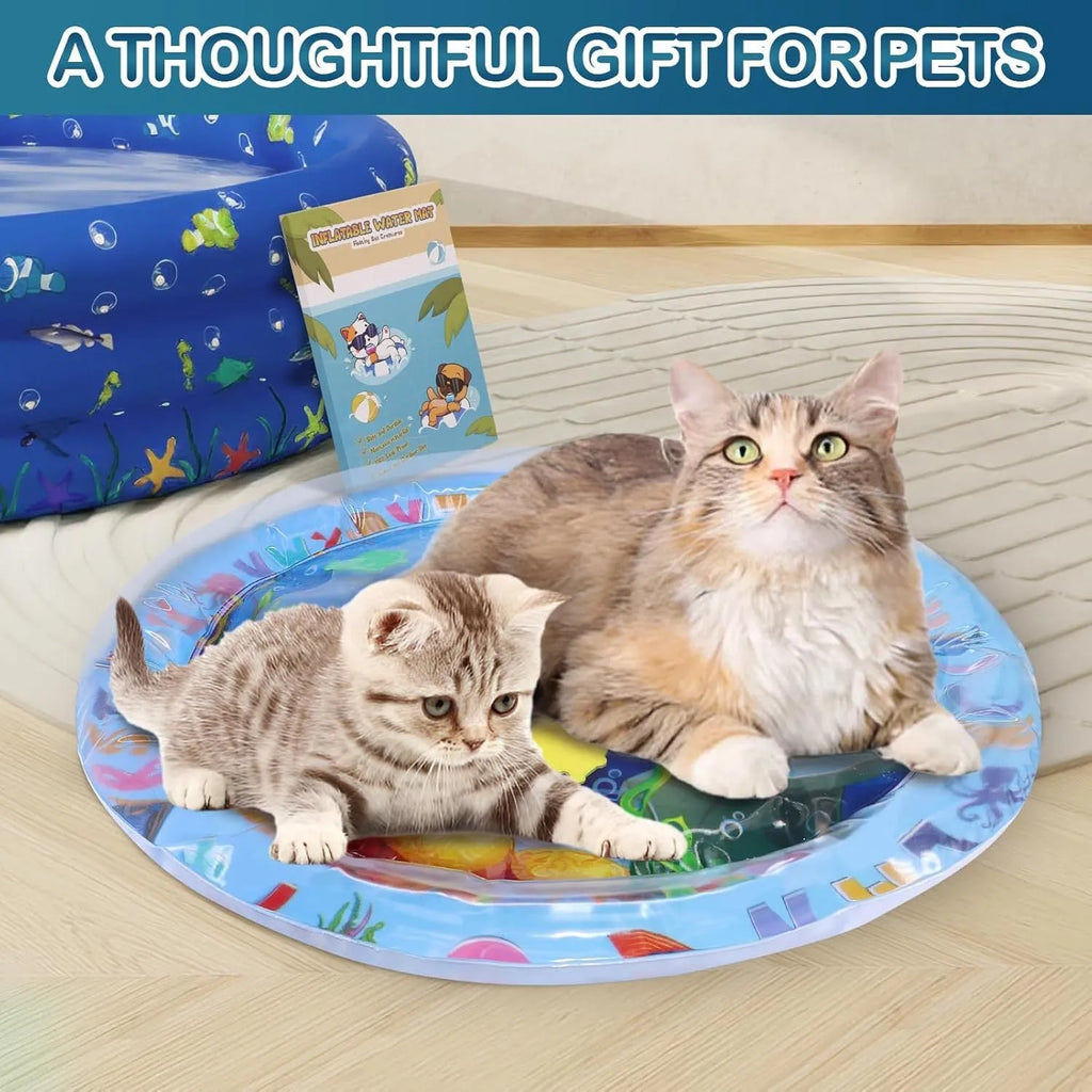 100cm square blue ocean theme water playmat for cats with floating fish toys on PVC surface