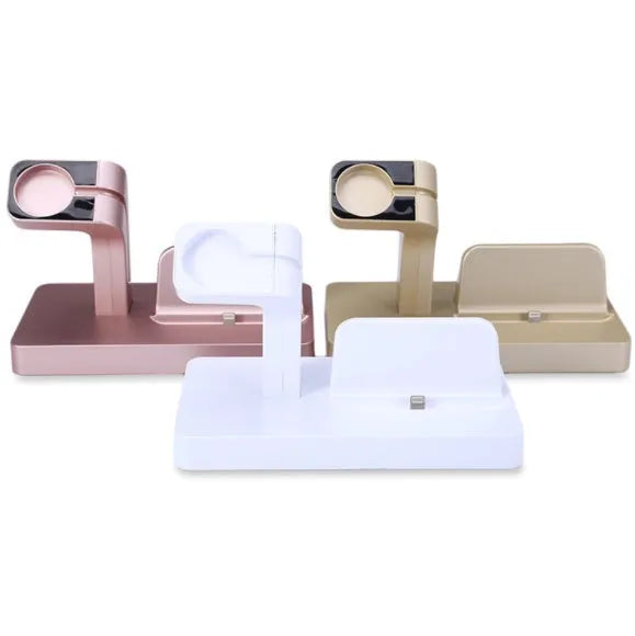 White 2-in-1 charging dock station holding an iPhone and an Apple Watch on a wooden desk.
