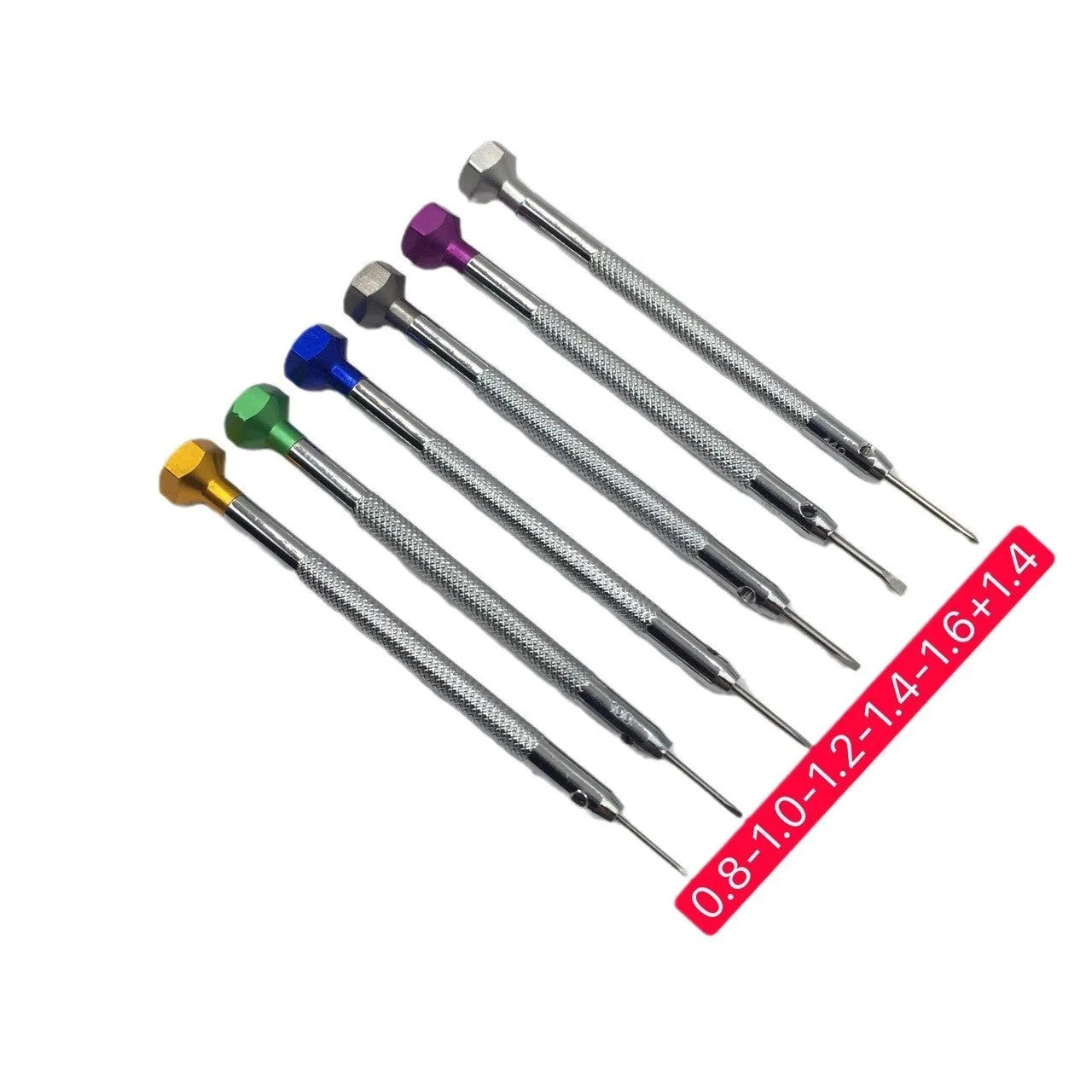 Six colour-coded aluminium screwdrivers with copper handles for watch repair and metre repair tool
