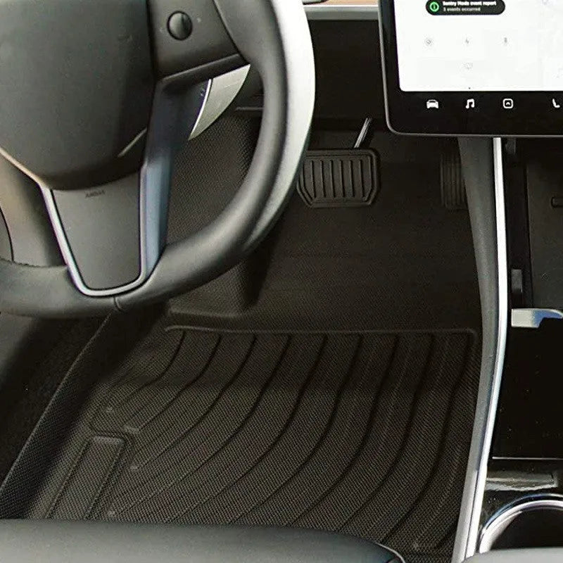 Custom fit rubber and TPE floor mats for Tesla Model 3 Model Y Model S Model X 2023 showing trunk and footwell coverage