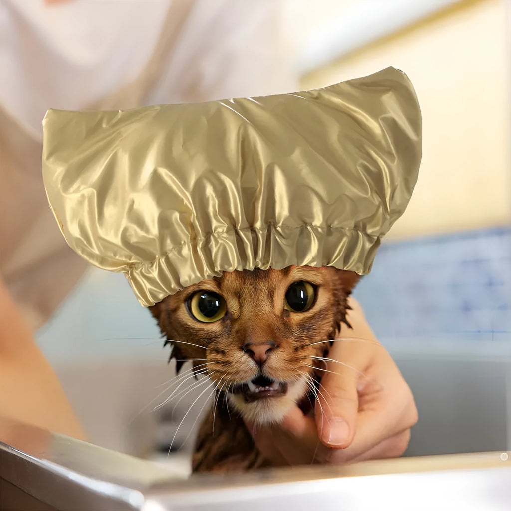 Adjustable pet shower cap for cats and dogs in silver colour with waterproof non-woven fabric