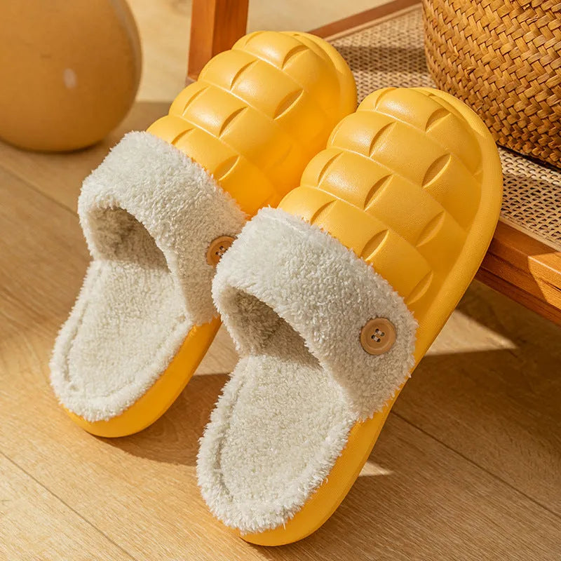 Pink and grey detachable EVA slippers with plush lining and a textured non-slip sole.