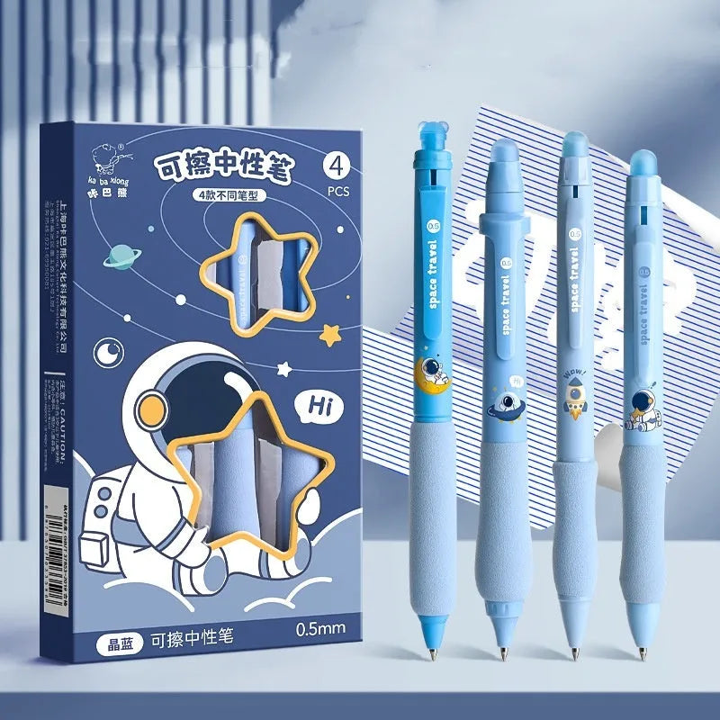 Erasable gel pen with 0.5mm tip, press mechanism and cartoon character designs