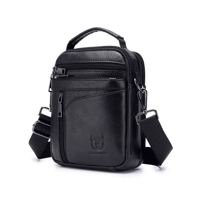Black genuine leather men's shoulder bag with a retro business casual style.