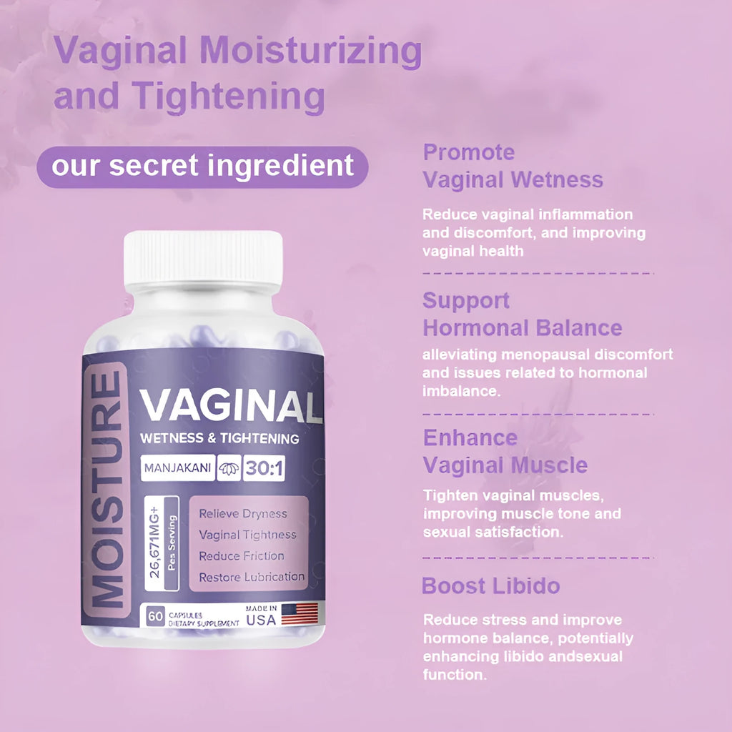 Bottle of 60 vaginal capsules with herbal extraction for adult feminine intimate wellness