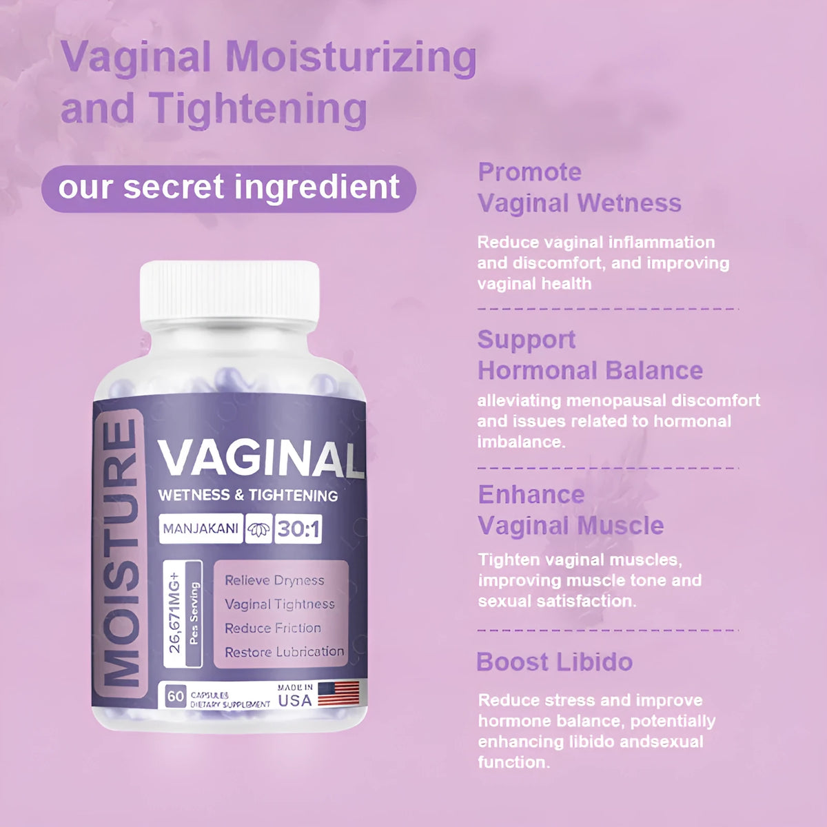 Bottle of 60 vaginal capsules with herbal extraction for adult feminine intimate wellness