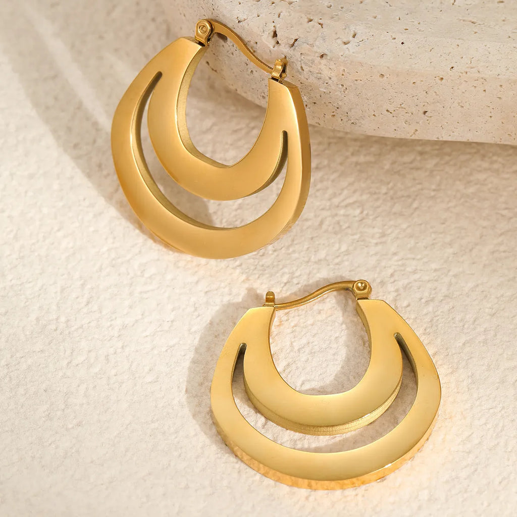 Gold plated geometric French earrings with round ring minimalist design