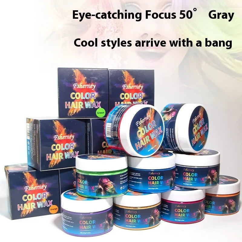 120g jar of hair styling clay shown in multiple colour options including blue, green, red, and grey.