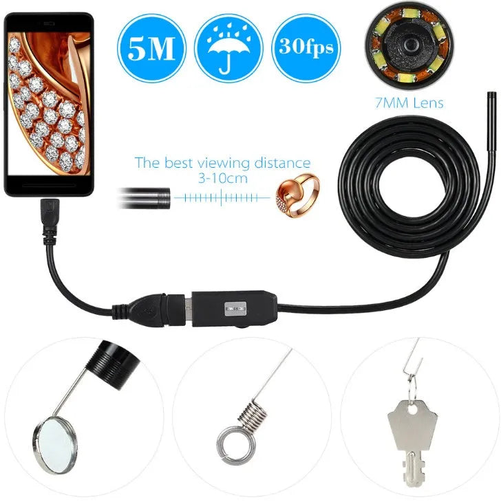 OWSOO USB endoscope camera with 5m cable, hook, magnet, and side mirror attachments for phone and computer inspections.