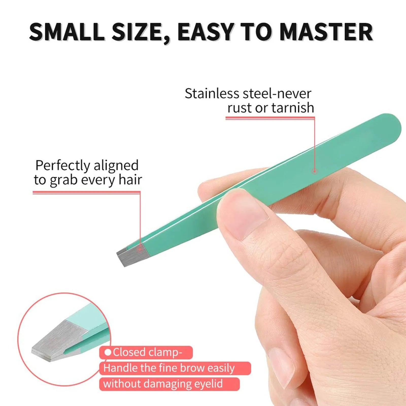Professional six-piece stainless steel eyebrow tweezer set with curved scissors and brush in a leather case