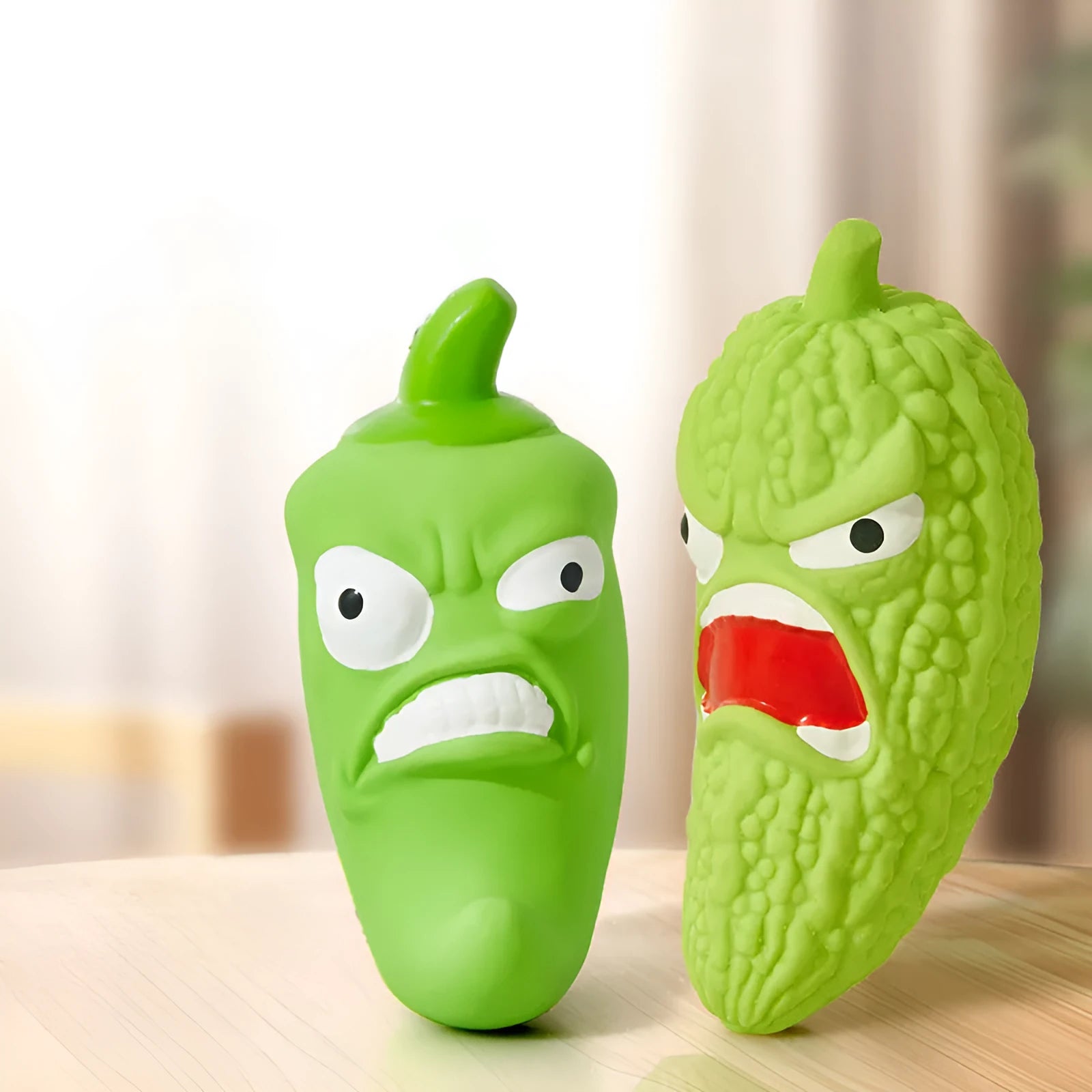 Bitter melon and chili pepper shaped dog chew toys with squeakers for teeth cleaning and boredom relief