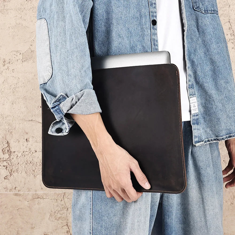 Brown genuine leather computer liner bag with horizontal design and wear-resistant cowhide lining