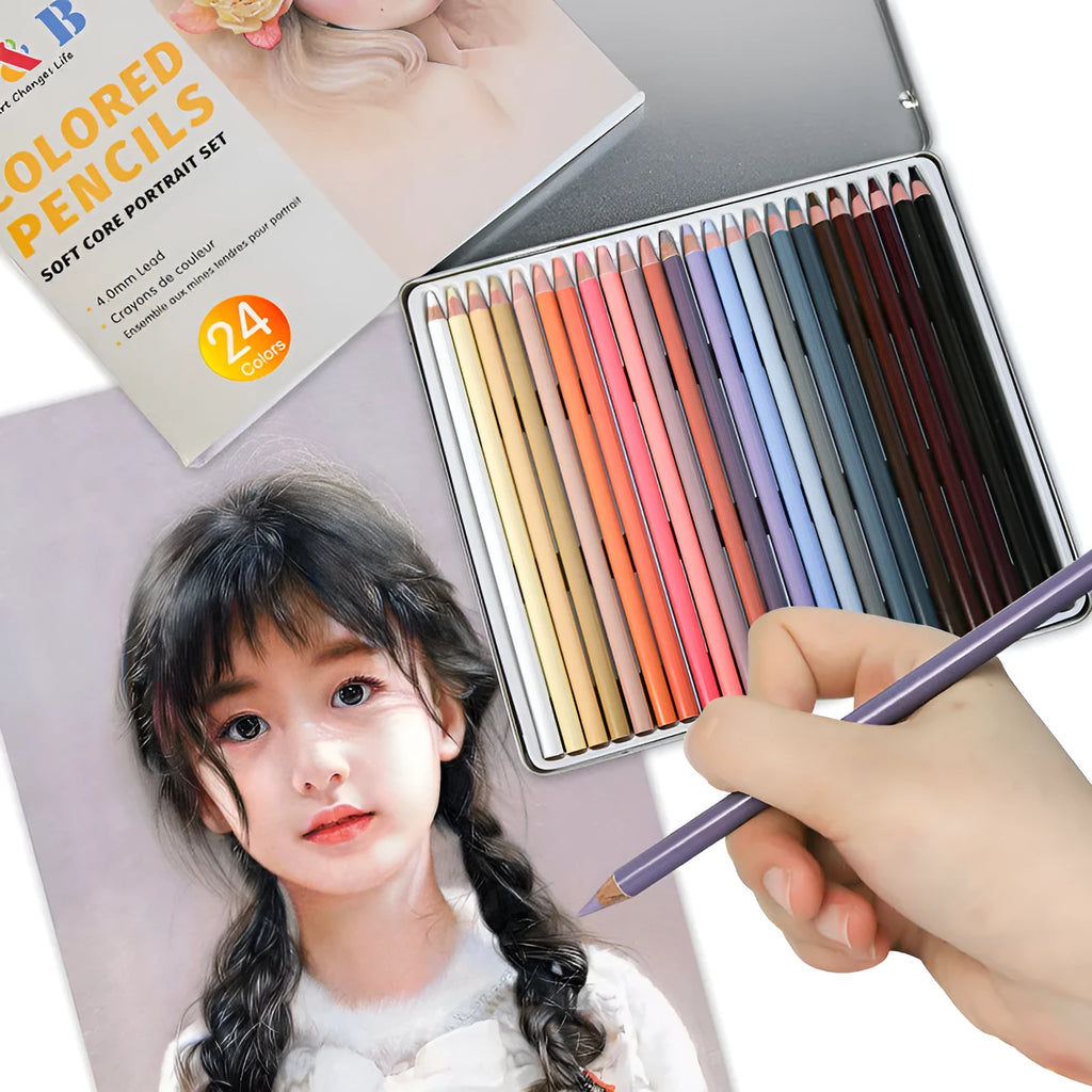 24 skin colour pencils for portrait artwork in round brush pot iron storage box