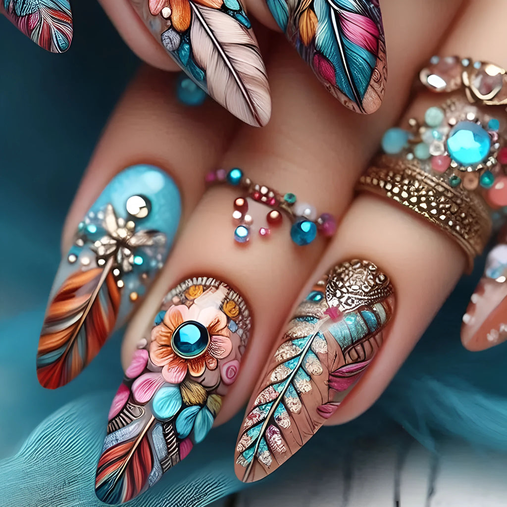 Colourful feather armour nail art designs with retro cartoon floral butterfly and heart patterns
