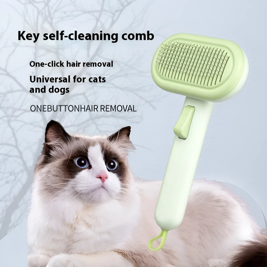 Large pet hair removal comb with stainless steel teeth and one-click button in light green pink or grey