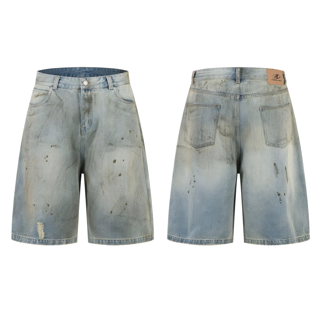 Blue washed denim cropped trousers with straight leg and zip fly, street fashion style