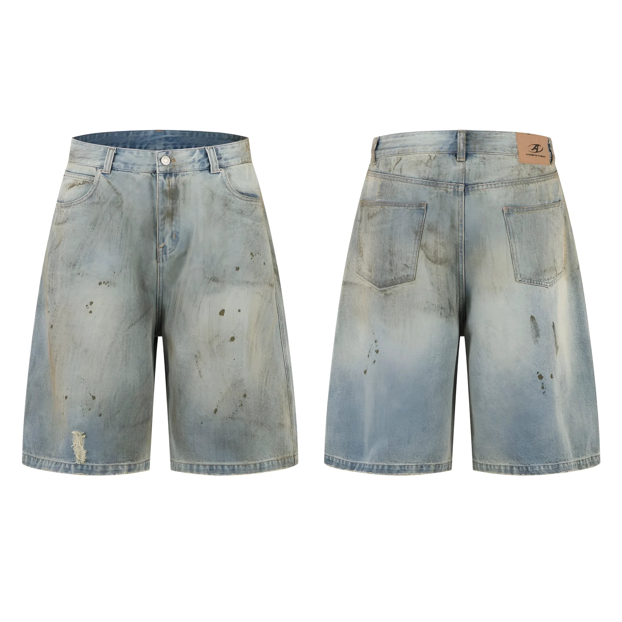 Blue washed denim cropped trousers with straight leg and zip fly, street fashion style