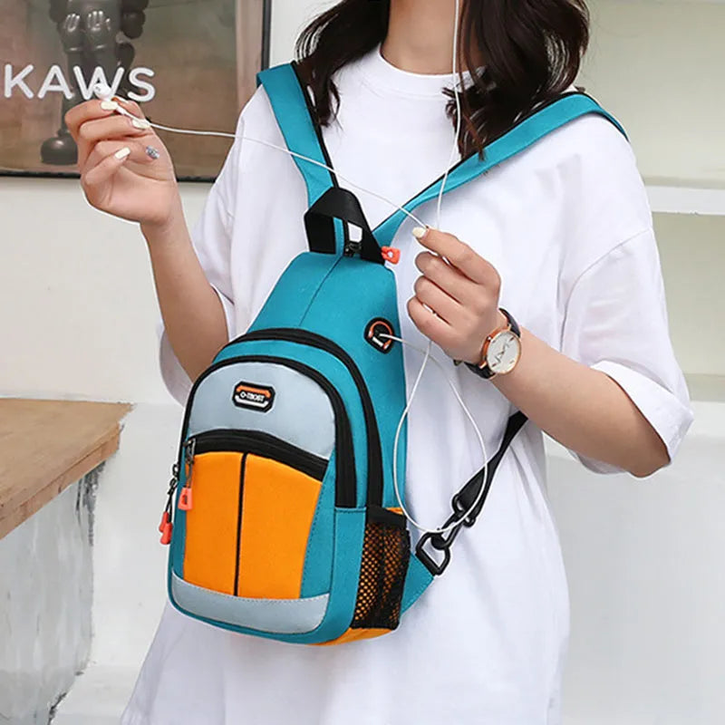 Women's multifunctional sports backpack shoulder bag in Oxford cloth with USB design, medium vertical square shape, 11-inch compartment.