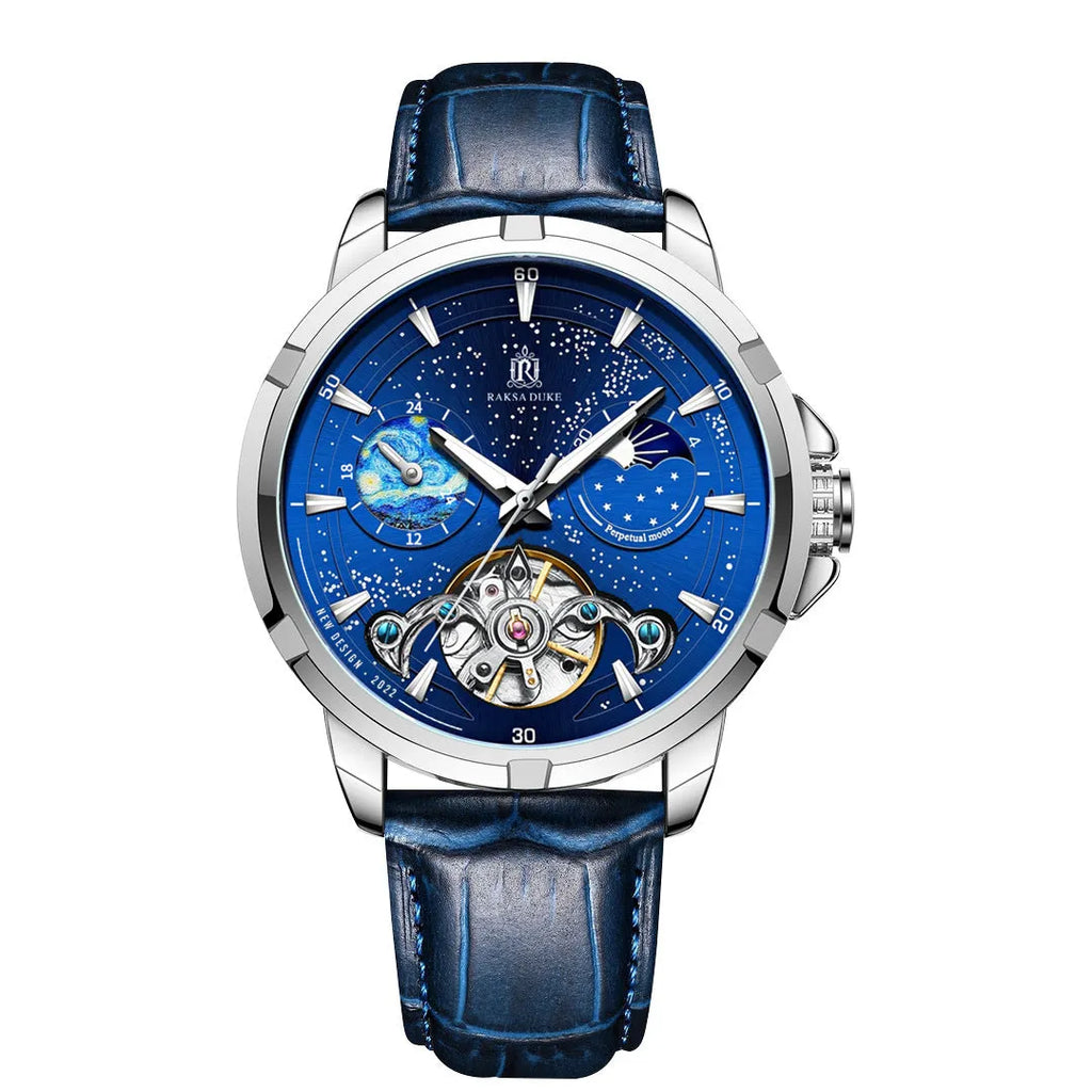Men's blue automatic mechanical watch with stainless steel bracelet on wrist, showing T885B dial.