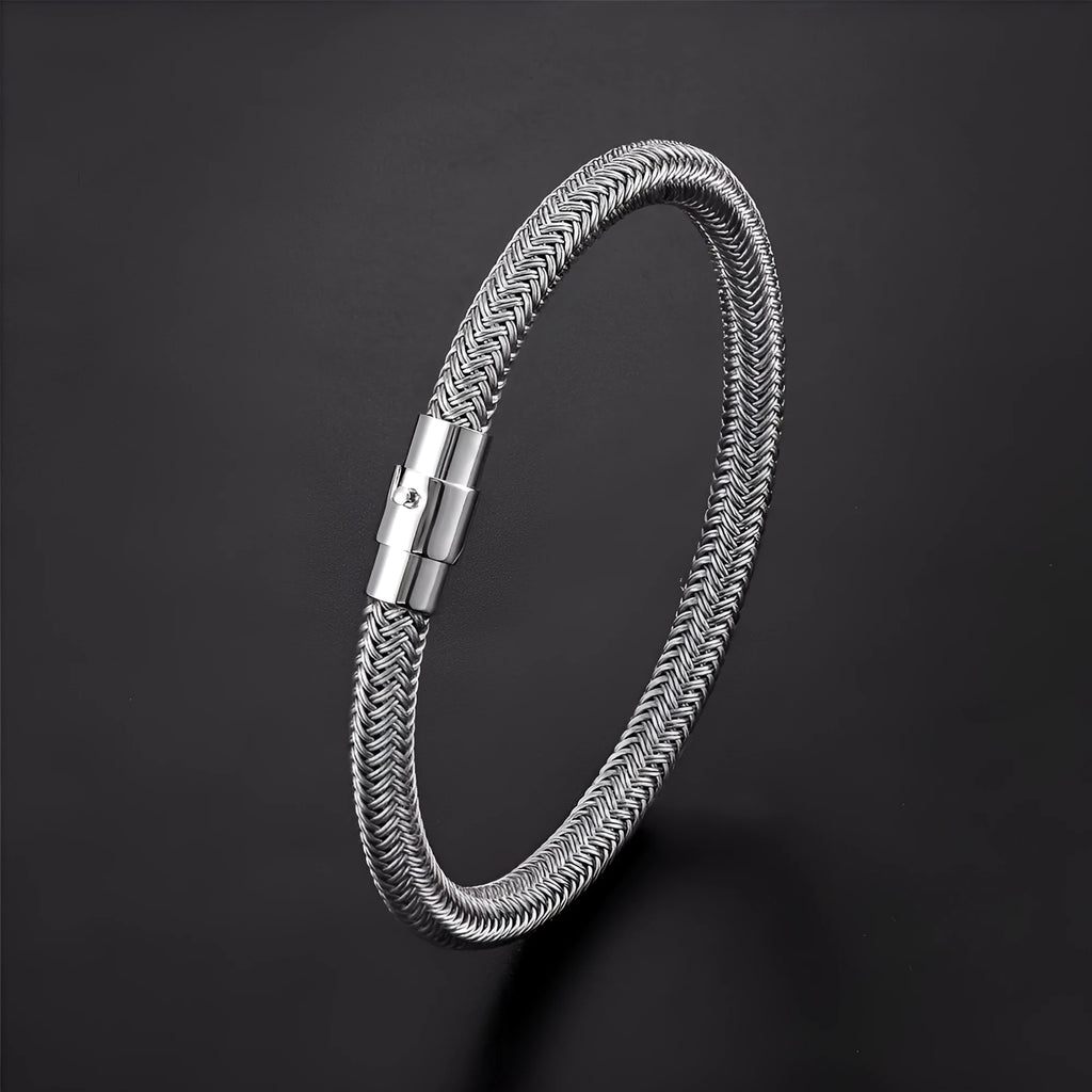 Men's titanium steel geometric wire bracelet with a magnetic clasp closure shown in silver tone.
