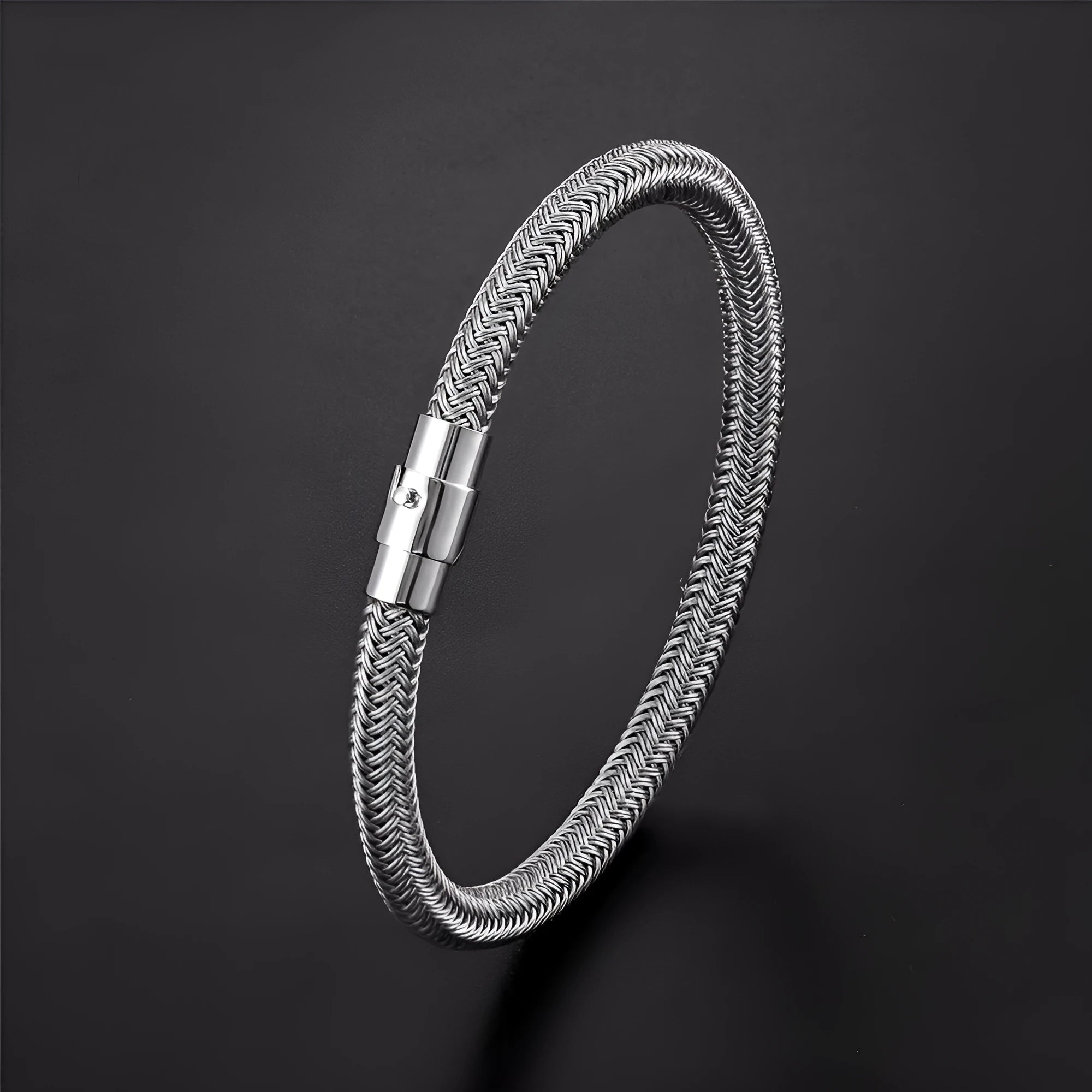 Men's titanium steel geometric wire bracelet with a magnetic clasp closure shown in silver tone.