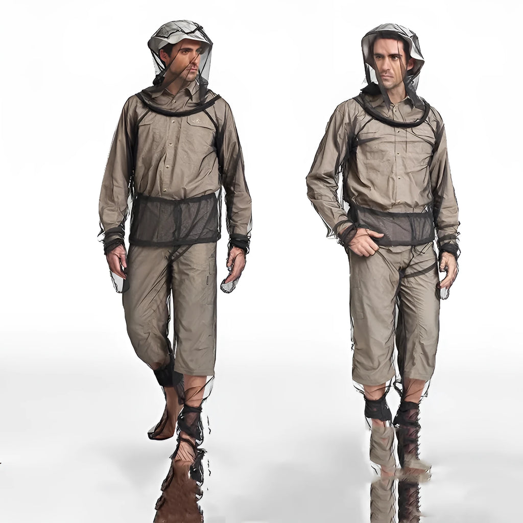 Four-piece mesh anti-mosquito suit including hooded top, pants, and booties for outdoor protection