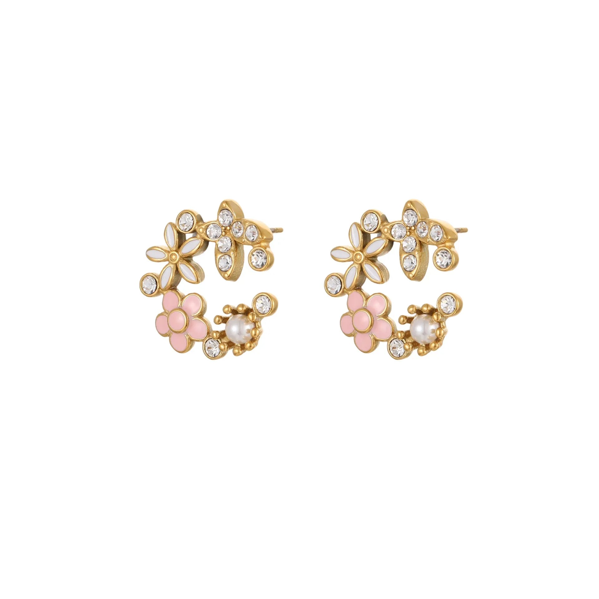 Flower stud earrings with colourful oil diamond petals on stainless steel with 18K gold electroplating