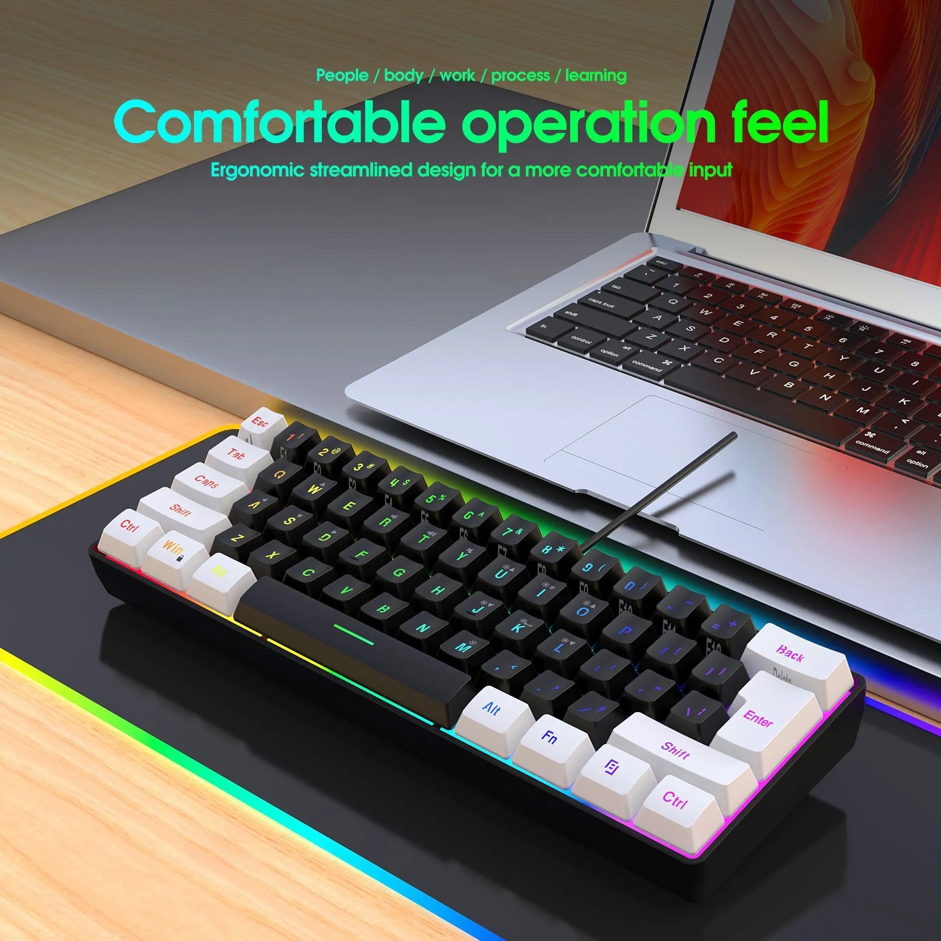 61 key wired membrane USB keyboard in white and black colour variant on desk