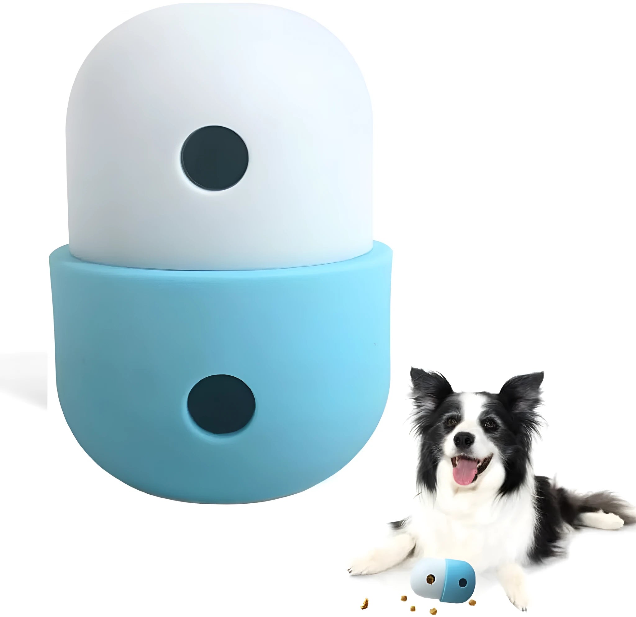 White and blue food grade silicone dog treat puzzle ball measuring 8x11cm
