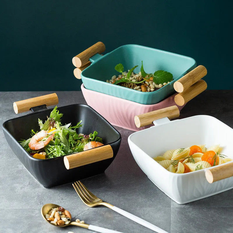 Porcelain ceramic bowl with matching lid in irregular shape design