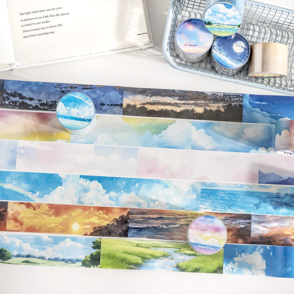 Japanese paper sky theme decorative tape roll with colourful cloud design, 30mm width