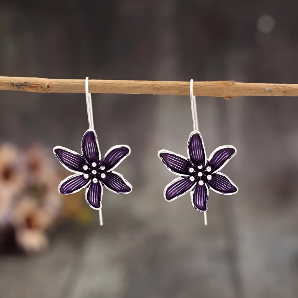 Purple flower retro alloy drop earrings with silver-tone electroplated finish