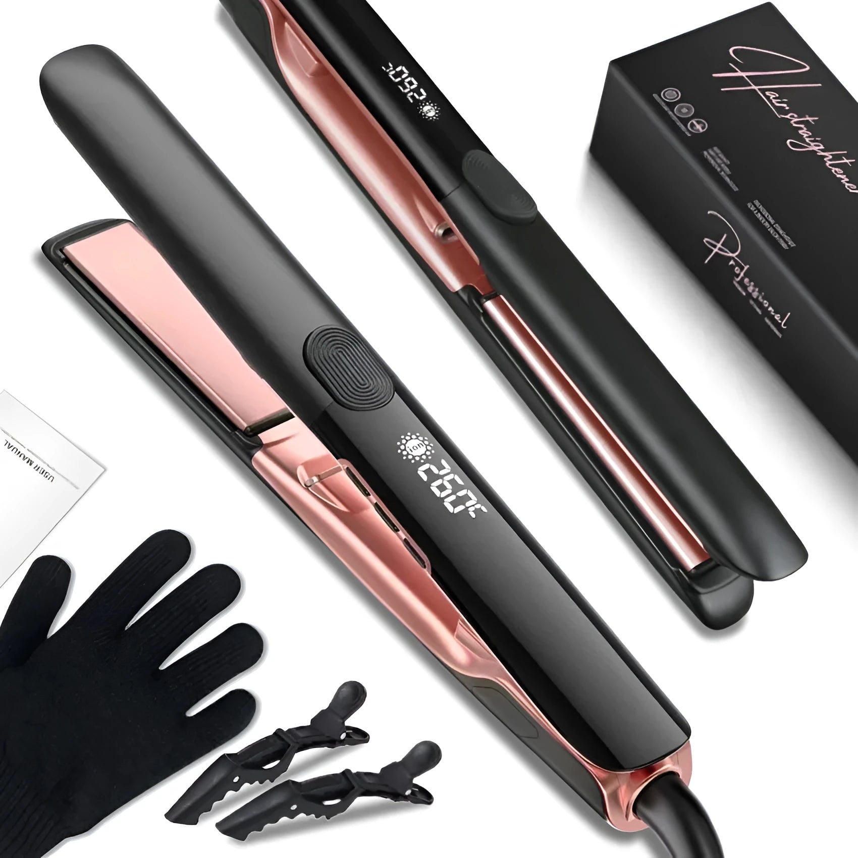 Hair straightener with negative ion technology and temperature display showing 207°C