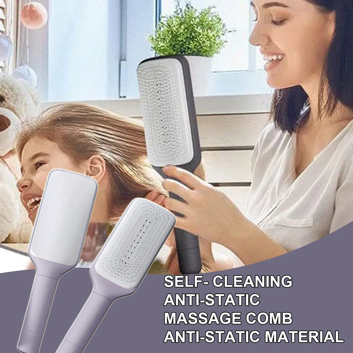 Self-cleaning hairbrush with rotating handle in Roland purple colour showing anti-static teeth and massage comb function