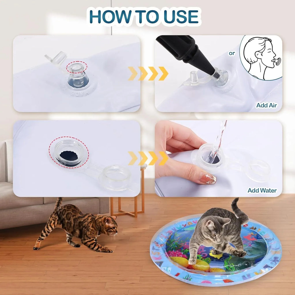 100cm square blue ocean theme water playmat for cats with floating fish toys on PVC surface