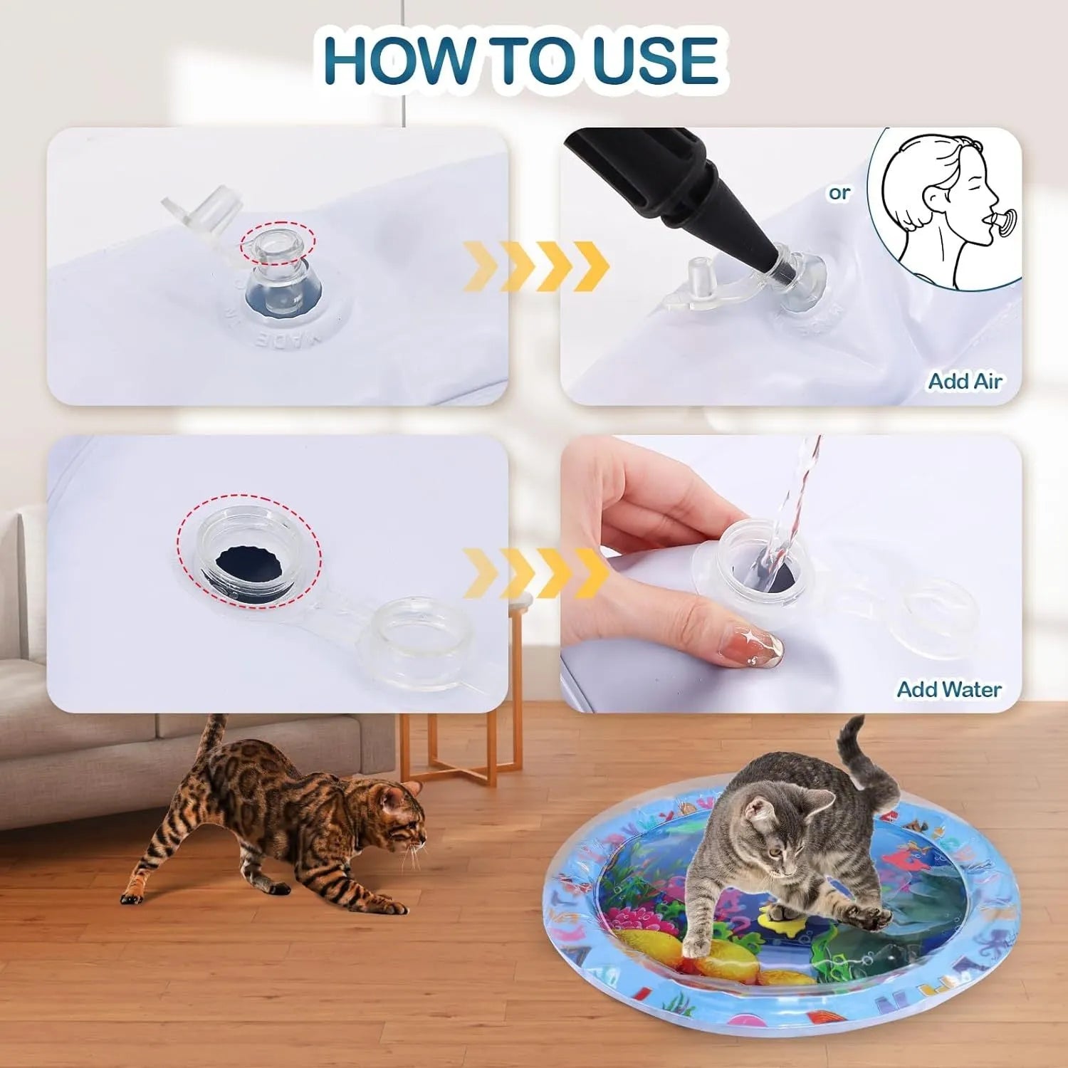 100cm square blue ocean theme water playmat for cats with floating fish toys on PVC surface