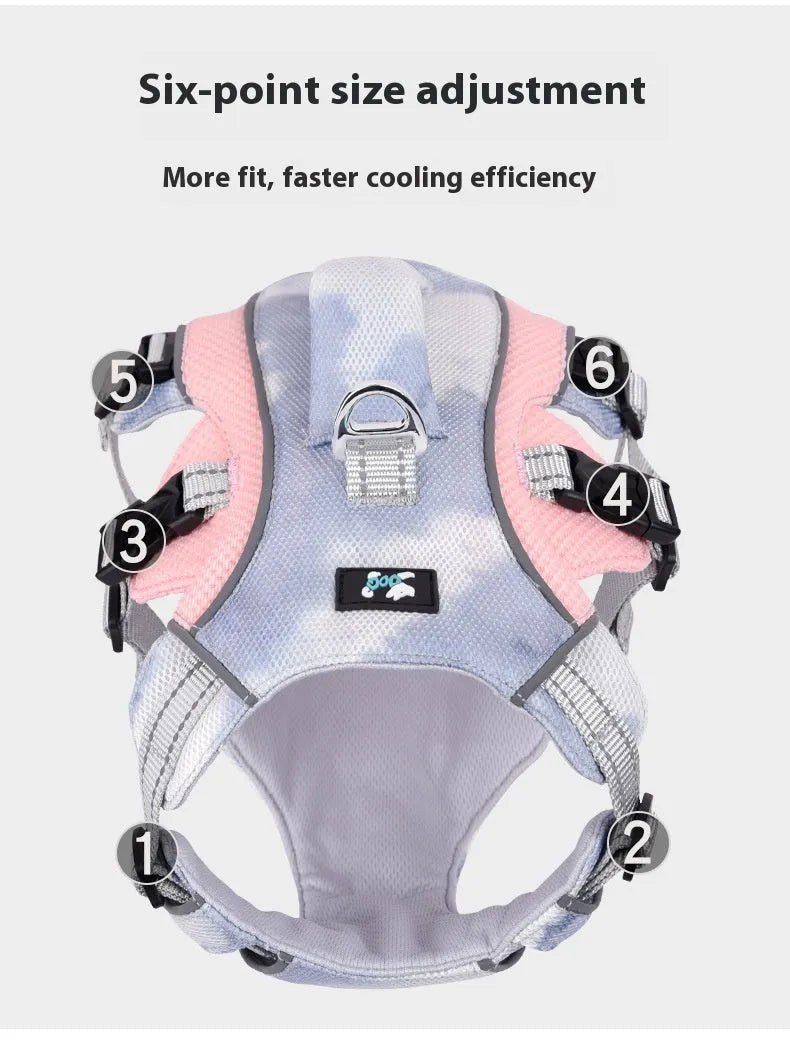 Reflective dog cooling vest chest strap in light blue polyester with adjustable sizing.