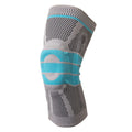 Sky blue elastic fibre knee pad for sports, shown in size L on a knee.