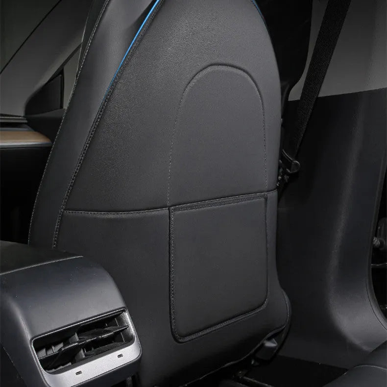 Black leather car seat anti kick pad with pocket measuring 68cm by 42cm