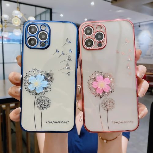 Green iPhone case with a 3D floral spin stand on the back and a built-in screen protector.