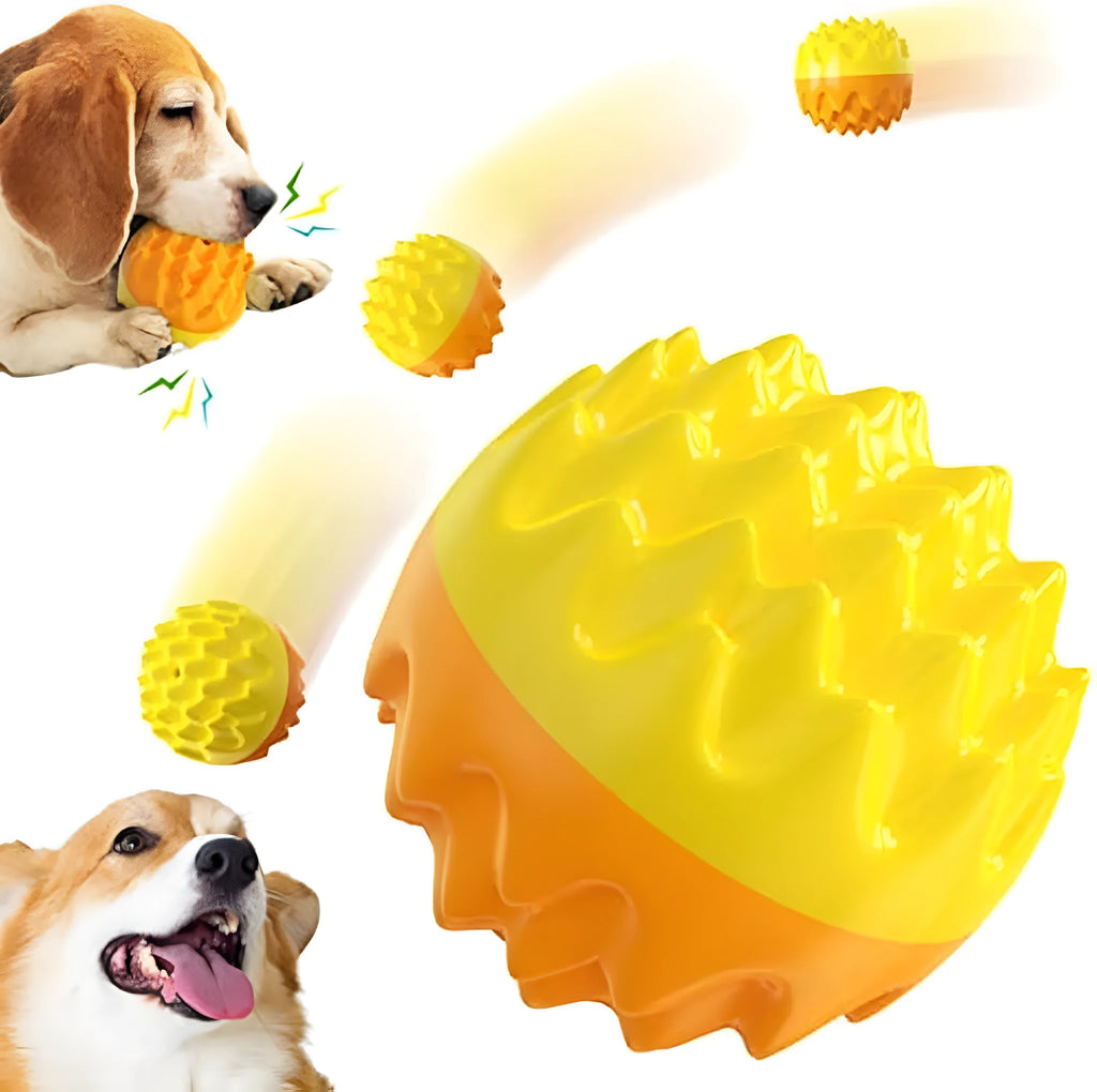 Blue and orange durable rubber squeaky dog ball with spiky texture for teeth cleaning.